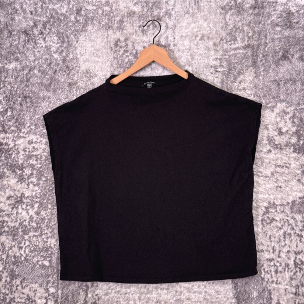 Eileen Fisher Top XL Womens Stretch Texture Cotton Black Sleeveless Boxy Blouse